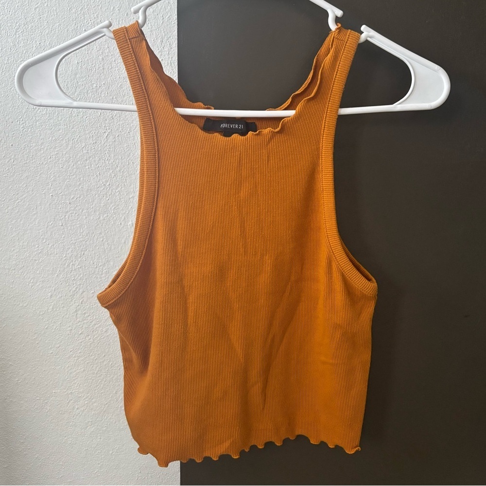 Forever 21 Mustard Orange Ribbed Lettuce-Edge Crop Top - Size Medium